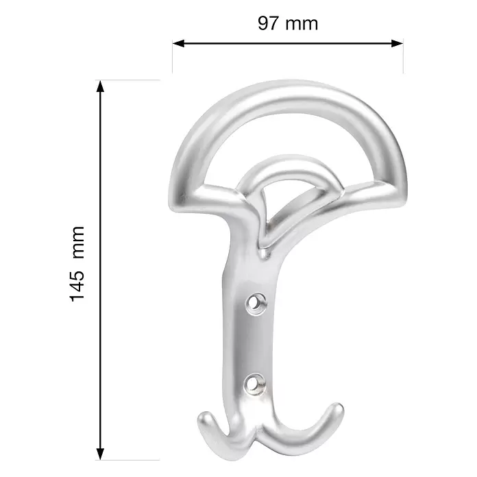 Walteco Garderobenhaken Bolero - L x B x H: 145 x 97 x 52 mm, Anzahl Haken: 2 Stk., Verchromt matt - Silbernfarbener Doppelhaken, 145mm hoch und 97mm breit, mit zwei Befestigungslöchern.
