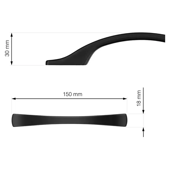 Walteco Möbelgriff Posta - Lochabstand: 96 mm, Kunststoff, Schwarz matt - Schwarzer, gebogener Griff mit Abmessungen: 150mm Länge, 30mm Höhe, 18mm Dicke.