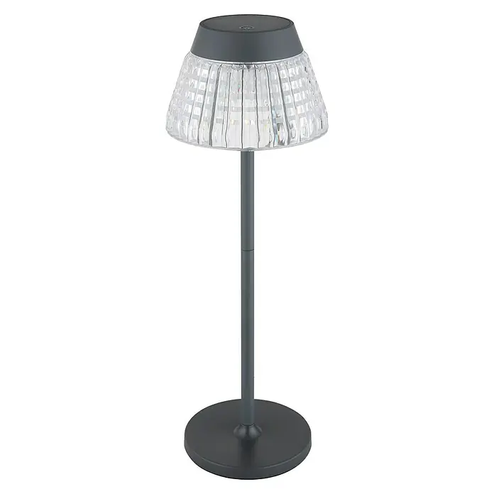 Globo Akku-Tischleuchte Lora - 1 W, Schwarz, Durchmesser: 13,5 cm - Elegante Tischleuchte mit einem transparenten Schirm und einem schlanken, grauen Ständer. Ideal für stimmungsvolle Beleuchtung.