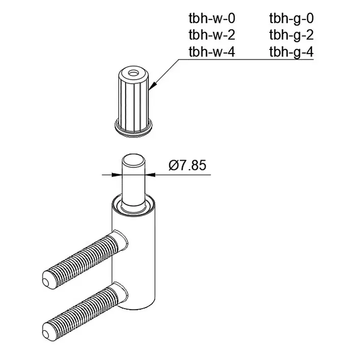Türbandhaube TÜHZDE - Weiß, Aufbauhöhe 4 mm - Explosionszeichnung einer Metallscharnierbaugruppe mit geriffelter Kappe, einem Bolzen von Ø7.85 und zwei Gewindeschrauben.
