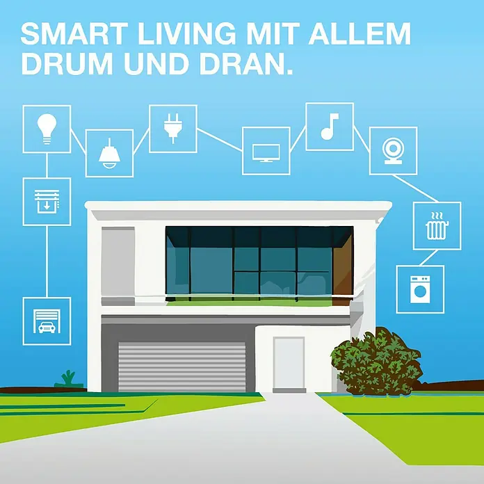 Osram Fenster- & Türsensor-Set Kontaktsensor - Weiß - Intelligentes Wohnen mit allem Drum und Dran. Das Bild zeigt ein modernes Haus mit Icons für Smart-Home-Technologien.
