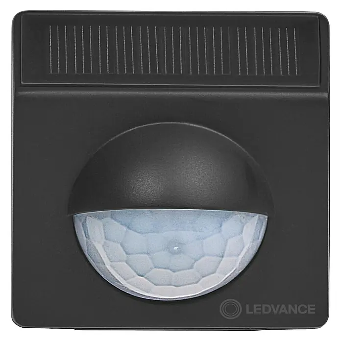 Ledvance Smart+ WiFi Bewegungsmelder - Schwarz, Reichweite ca.: 9 m - Das LEDVANCE-Produkt ist ein Bewegungsmelder in schwarzem Gehäuse mit einem Sensor und einem Solarpanel. Ideal für den Außenbereich.