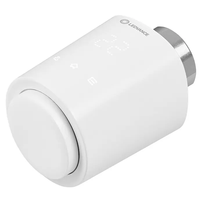 Ledvance Smart+ WiFi Heizkörper-Thermostat 1 Stück - M30 x 1,5 mm, 1 Stk. - Nahaufnahme eines LEDVANCE Heizkörperthermostats, das Temperatur und Modi anzeigt, mit einem Drehknopf zur Steuerung.