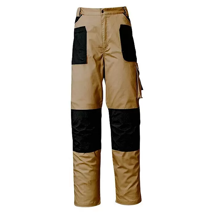 Industrial Starter Pantalones de trabajo Stretch - Caballeros, L, Beige/Negro - Pantalones de trabajo beige y negros con rodillas reforzadas y múltiples bolsillos.