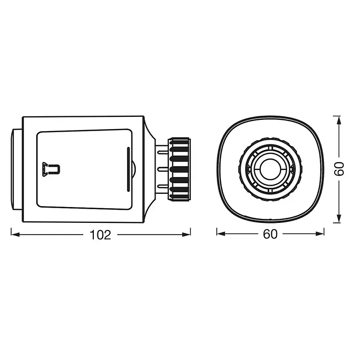 Ledvance Smart+ WiFi Heizkörper-Thermostat 1 Stück - M30 x 1,5 mm, 1 Stk. - Produktzeichnung eines Hygrometers mit Maßangaben, die die Abmessungen von 102 mm Länge und 60 mm Breite angeben.
