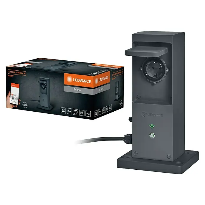 Ledvance Smart+ WiFi Energiesäule mit integriertem WLAN-Repeater und zwei smarten Steckdosen - Anthrazit - LEDVANCE Smart+ Outdoor Terminal EU: Intelligente Außensteckdose mit WiFi-Funktion für den Garten- und Außenbereich.