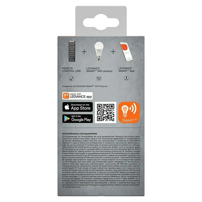 Ledvance Smart+ WiFi Fernbedienung Remote Control USB-C - Schwarz - LEDVANCE SMART+ Produktverpackung mit Infos zu Fernbedienung, WiFi-Produkt und App.