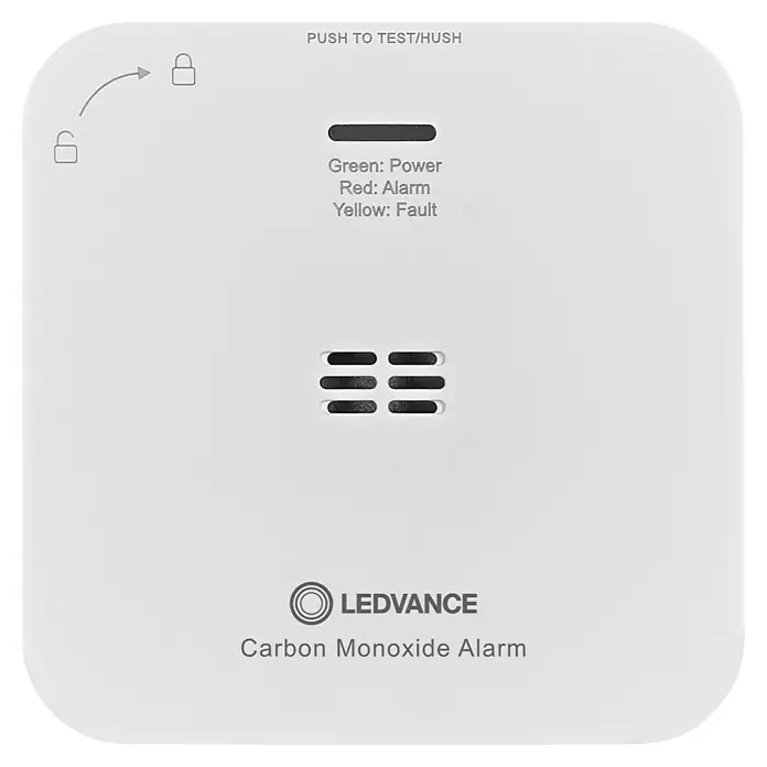 Ledvance Smart+ WiFi Kohlenmonoxidmelder - L x B x H: 8,5 x 2,73 x 8,5 cm, Batterielaufzeit: 5 Jahre - Ein weißer LEDVANCE Kohlenmonoxidmelder mit Anzeigen für Strom, Alarm und Fehler, sowie einem Testknopf für die Sicherheit.