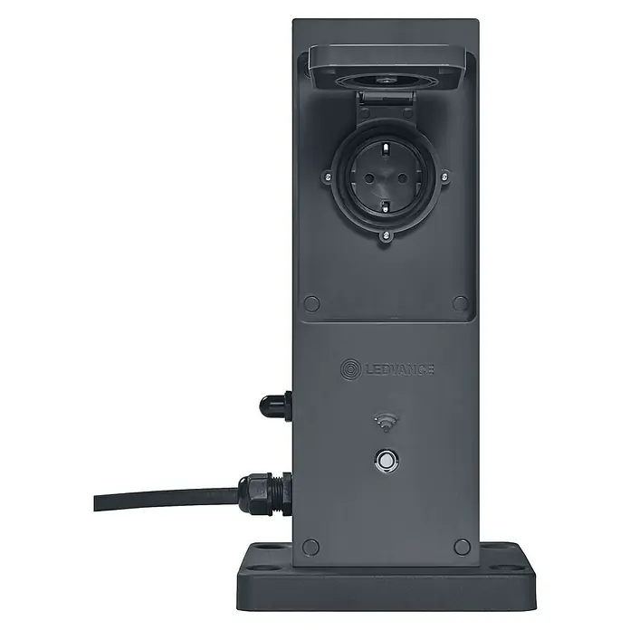 Ledvance Smart+ WiFi Energiesäule mit integriertem WLAN-Repeater und zwei smarten Steckdosen - Anthrazit - Nahaufnahme einer LEDVANCE-Ladestation mit Steckdose, ideal für den Außenbereich, mit wasserdichtem Design und einfacher Installation für Elektrofahrzeuge.