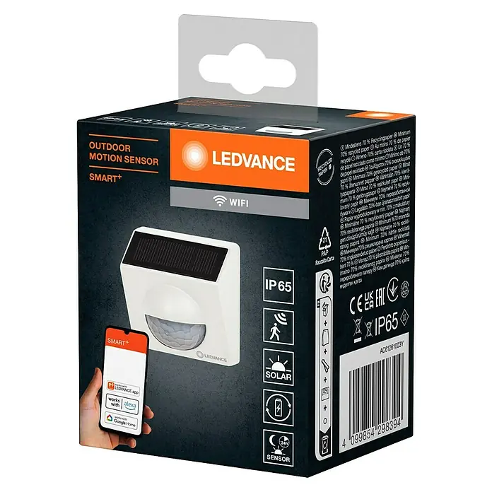 Ledvance Smart+ WiFi Bewegungsmelder - Weiß, Reichweite ca.: 9 m - Produktverpackung für einen LEDVANCE Outdoor Bewegungssensor Smart+. Die Box zeigt Produktbilder und wichtige Spezifikationen.
