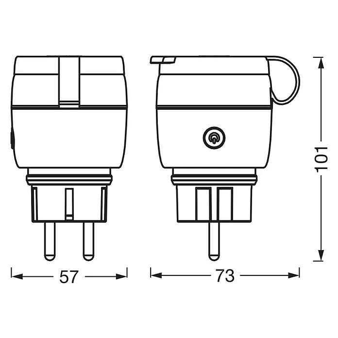 Osram Smart-Steckdose mit Deckel matter - Außen, IP44, Schwarz, 16 A, 1 Stk. - Abbildung eines Eurosteckers mit Maßangaben. Die Höhe beträgt 101 mm, die Breite 57 mm und 73 mm. Technische Zeichnung für Produktdetails.