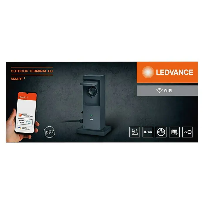 Ledvance Smart+ WiFi Energiesäule mit integriertem WLAN-Repeater und zwei smarten Steckdosen - Anthrazit - Darstellung des LEDVANCE Smart+ Outdoor-Terminal EU, steuerbar per App, kompatibel mit Alexa und Google Assistant, mit WiFi und IP44-Schutz.