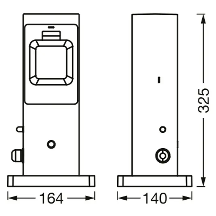 Ledvance Smart+ WiFi Energiesäule mit integriertem WLAN-Repeater und zwei smarten Steckdosen - Anthrazit - Schematische Darstellung eines modernen Pollerleuchte Designs mit Maßangaben.