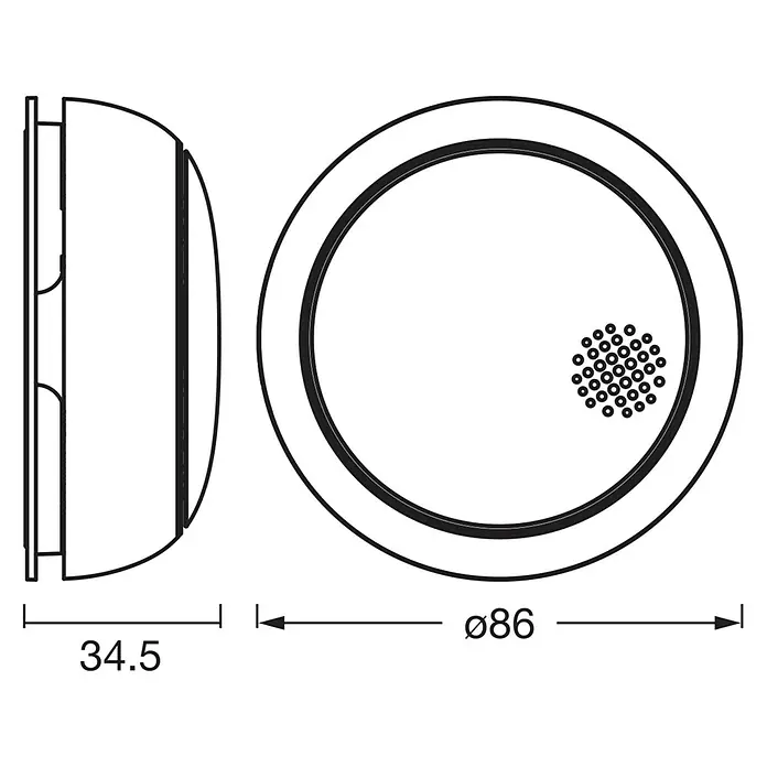 Osram Rauchwarnmelder Smoke Detector - Durchmesser: 8,6 cm, Batterielaufzeit: 5 Jahre, Alarmsignal: 85 dB, 1 Stk. - Eine technische Zeichnung eines runden Produkts mit den Maßen 34,5 und Ø86, ideal für technische Dokumentationen.