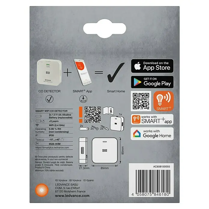 Ledvance Smart+ WiFi Kohlenmonoxidmelder - L x B x H: 8,5 x 2,73 x 8,5 cm, Batterielaufzeit: 5 Jahre - Produktverpackung eines Smart WiFi CO Detektors mit Produktdetails und App-Logos.