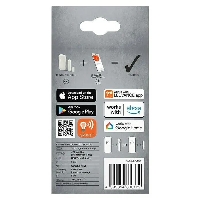 Osram Fenster- & Türsensor-Set Kontaktsensor - Weiß - Abbildung der Verpackung eines intelligenten WLAN-Tür- und Fensterkontaktsensors von LEDVANCE, kompatibel mit Alexa und Google Home.