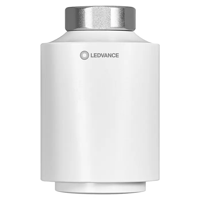 Ledvance Smart+ WiFi Heizkörper-Thermostat 1 Stück - M30 x 1,5 mm, 1 Stk. - Nahaufnahme eines smarten LEDVANCE Heizkörperthermostats mit silbernem Kopf und weißem Gehäuse.
