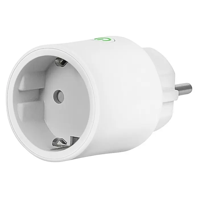 Ledvance Smart+ Smart-Steckdose matter - Innen, IP20, Weiß, 10 A, 1 Stk. - Nahaufnahme eines weißen Smart-Steckers mit Eurostecker und grünem Power-Symbol auf schwarzem Hintergrund.