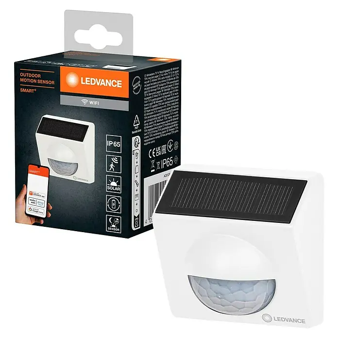Ledvance Smart+ WiFi Bewegungsmelder - Weiß, Reichweite ca.: 9 m - Das Bild zeigt einen LEDVANCE Smart+ Outdoor Bewegungssensor mit Solarpanel und zugehöriger Verpackung.