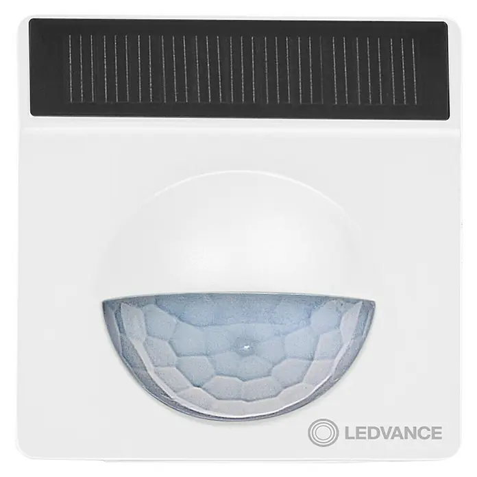 Ledvance Smart+ WiFi Bewegungsmelder - Weiß, Reichweite ca.: 9 m - Nahaufnahme einer LEDVANCE Solarleuchte mit Bewegungssensor. Das Gerät ist weiß mit einer dunklen Solarzelle oben.