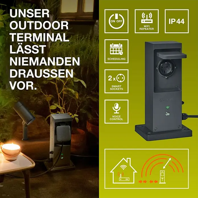Ledvance Smart+ WiFi Energiesäule mit integriertem WLAN-Repeater und zwei smarten Steckdosen - Anthrazit - Abbildung einer intelligenten Außensteckdose mit WiFi-Repeater, Zeitplanung, Sprachsteuerung und zwei Steckdosen für den Garten.