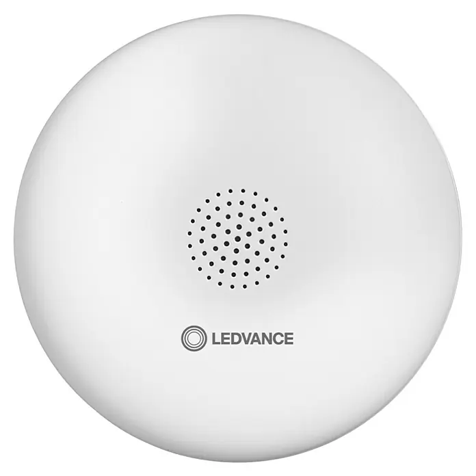 Ledvance Smart+ WiFi Wassermelder - Anwendungsbereich: Innen, Passend für: Google Home - LEDVANCE Deckenleuchte: Runde, weiße Leuchte mit Lautsprecherlöchern in der Mitte und LEDVANCE Logo. Stilvolle Beleuchtungslösung.