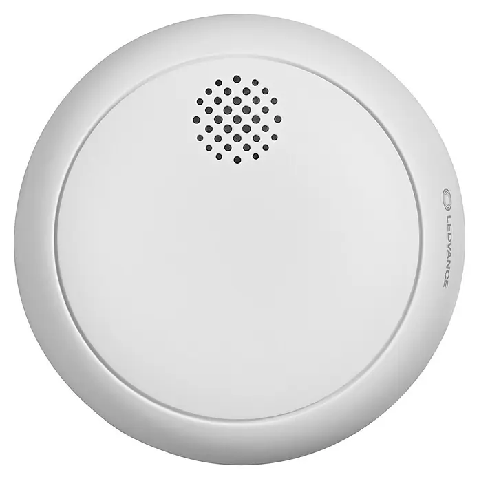 Osram Rauchwarnmelder Smoke Detector - Durchmesser: 8,6 cm, Batterielaufzeit: 5 Jahre, Alarmsignal: 85 dB, 1 Stk. - Runder, weißer LEDVANCE Rauchmelder mit Löchern in der Mitte und dem LEDVANCE Logo an der Seite für erhöhte Sicherheit.