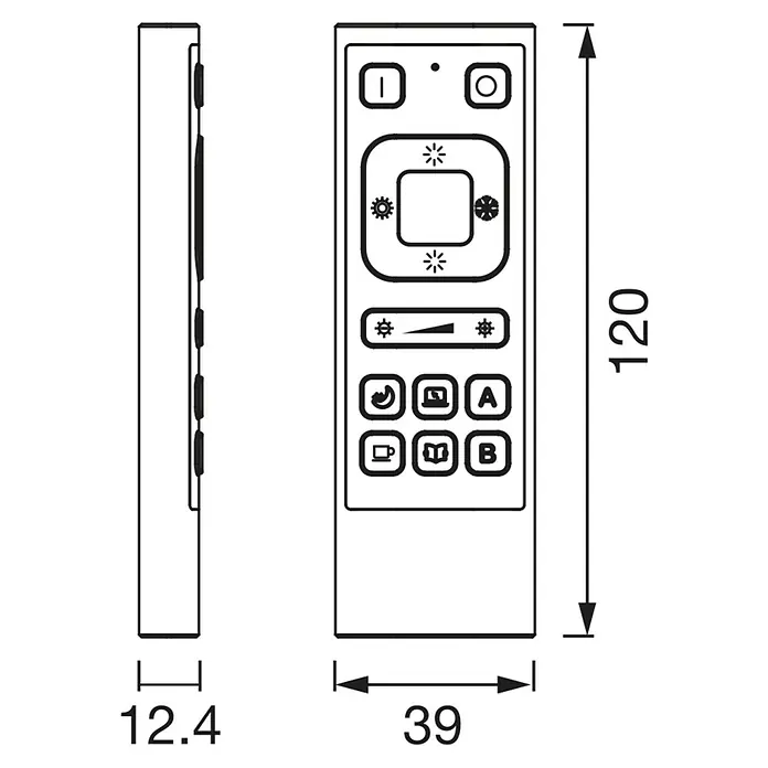 Ledvance Smart+ WiFi Fernbedienung Remote Control USB-C - Schwarz - Abbildung einer Fernbedienung mit den Maßen 120 x 39 x 12.4 mm.