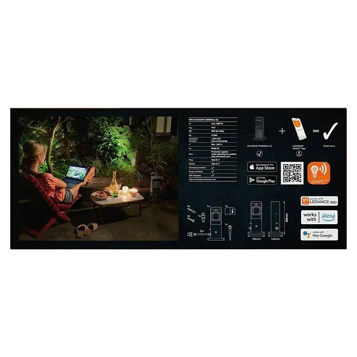 Ledvance Smart+ WiFi Energiesäule mit integriertem WLAN-Repeater und zwei smarten Steckdosen - Anthrazit - Produktbild der LEDVANCE Smart+ WiFi Outdoor-Steckdose, die sich ideal für den smarten Garten eignet, inklusive App-Steuerung und Sprachassistenten.