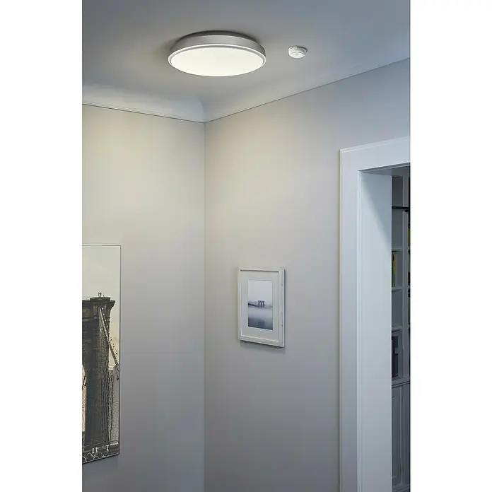 Osram Rauchwarnmelder Smoke Detector - Durchmesser: 8,6 cm, Batterielaufzeit: 5 Jahre, Alarmsignal: 85 dB, 1 Stk. - Deckenleuchte und Rauchmelder an einer hellen Decke. Die Deckenleuchte ist rund und strahlt helles, diffuses Licht aus.