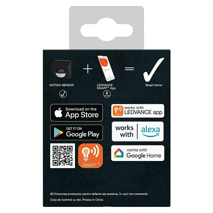 Ledvance Smart+ WiFi Bewegungsmelder - Schwarz, Reichweite ca.: 9 m - Verpackung des LEDVANCE Smart+ Bewegungssensors, kompatibel mit Apps und Smart Home Systemen.