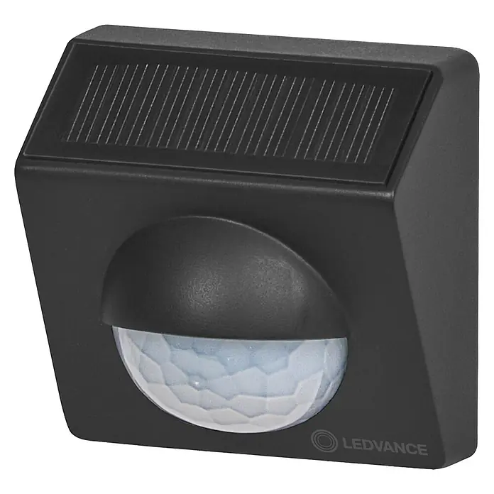 Ledvance Smart+ WiFi Bewegungsmelder - Schwarz, Reichweite ca.: 9 m - Nahaufnahme einer schwarzen LEDVANCE Solar-Außenleuchte mit Bewegungsmelder.