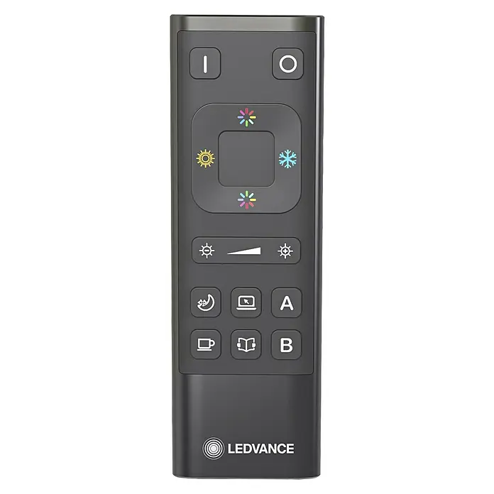 Ledvance Smart+ WiFi Fernbedienung Remote Control USB-C - Schwarz - Abbildung einer LEDVANCE-Fernbedienung. Elegantes Design mit verschiedenen Tasten zur Steuerung von Lichteinstellungen und -modi.