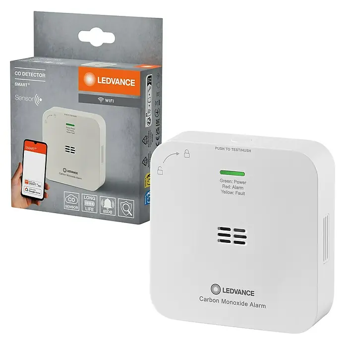 Ledvance Smart+ WiFi Kohlenmonoxidmelder - L x B x H: 8,5 x 2,73 x 8,5 cm, Batterielaufzeit: 5 Jahre - Ein LEDVANCE Kohlenmonoxidmelder mit intelligenter Sensorfunktion und langer Lebensdauer für erhöhte Sicherheit im Haushalt.