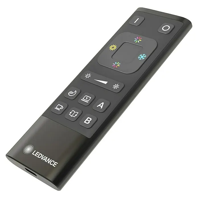 Ledvance Smart+ WiFi Fernbedienung Remote Control USB-C - Schwarz - Schwarze LEDVANCE-Fernbedienung zur Steuerung von Leuchten mit verschiedenen Tasten für Helligkeit und Farbtemperatur.