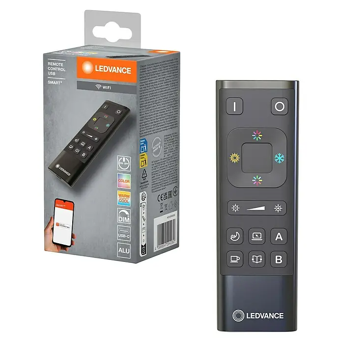 Ledvance Smart+ WiFi Fernbedienung Remote Control USB-C - Schwarz - Ein LEDVANCE Smart+ WiFi-Fernbedienung Set, bestehend aus einer Fernbedienung in der Verpackung und einer einzelnen Fernbedienung.