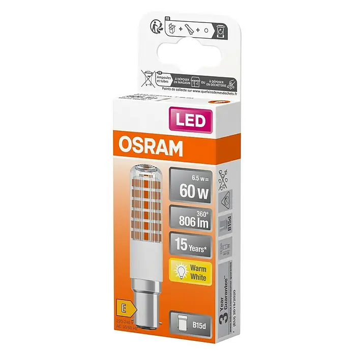Ledvance LED-Lampe T Slim - B15d, Nicht Dimmbar, Warmweiß, 806 lm, 6,5 W - Verpackung einer Osram LED-Lampe B15d, 6,5W, die 60W entspricht und warmweißes Licht mit 806 Lumen bietet, mit 3 Jahren Garantie.