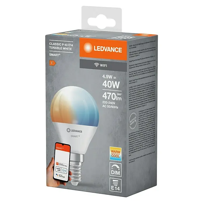 Ledvance Smart+ WiFi Smart-LED-Lampe P40 - E14, Dimmbar, Mehrfarbig, 470 lm, 4,9 W - Abbildung der LEDVANCE SMART+ Classic P40 E14 Lampe, dimmbar und mit warm/kalt Licht.