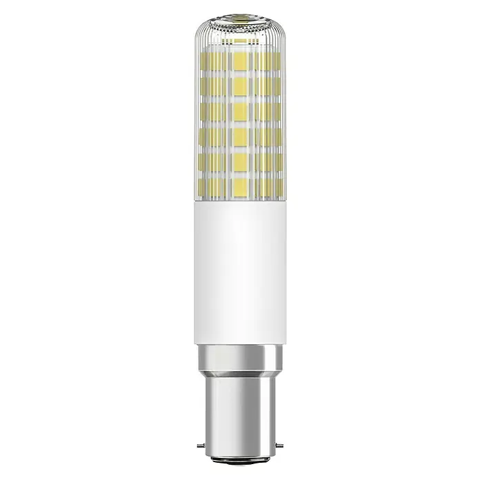 Ledvance LED-Lampe T Slim - B15d, Warmweiß, 1.055 lm, 8 W - Nahaufnahme einer LED-Lampe mit B15 Bajonettsockel und Käfigdesign. Die Lampe ist energieeffizient und langlebig.