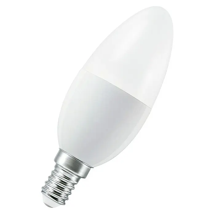 Ledvance Smart+ WiFi Smart-LED-Lampe B40 - E14, Dimmbar, Warmweiß, 470 lm, 4,9 W - Nahaufnahme einer LED-Kerzenlampe mit E14-Sockel, ideal für stimmungsvolle Beleuchtung und Energieeffizienz.