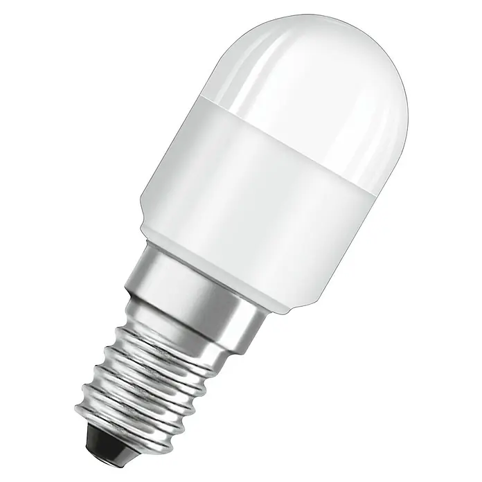 Osram Bombilla LED Special T26 - E14, No regulable, Blanco cálido, 65 lm, 1,4 W - Primer plano de una bombilla LED con una base de rosca pequeña y un cuerpo emisor de luz blanco y redondeado. Solución de iluminación energéticamente eficiente.