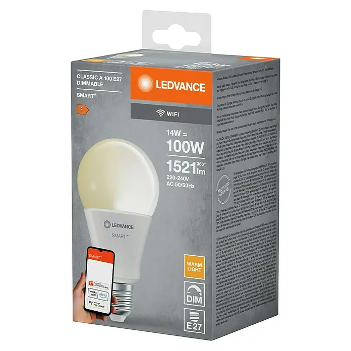 Ledvance Smart+ WiFi Smart-LED-Lampe - E27, Dimmbar, Warmweiß, 1.521 lm, 14 W - LEDVANCE SMART+ Classic A 100 E27 Dimmable Lampe. Energiesparend, warmweißes Licht & steuerbar per App/Sprache.