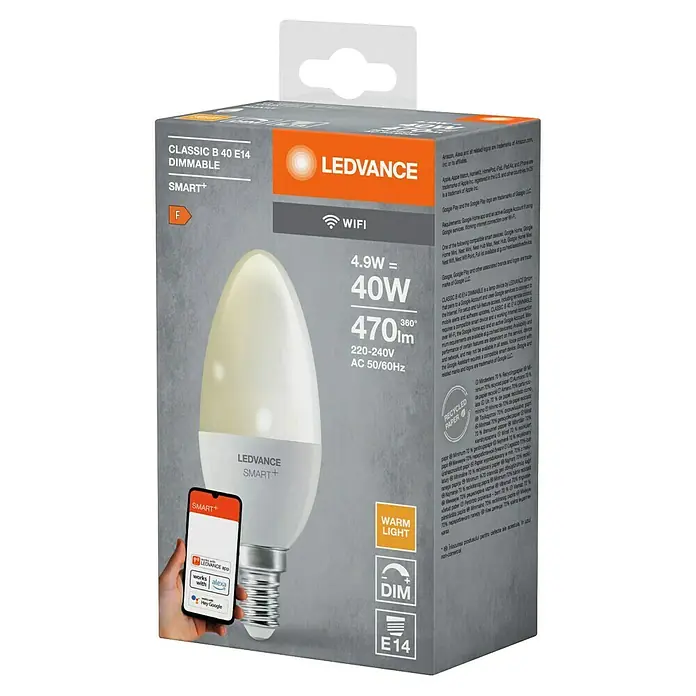 Ledvance Smart+ WiFi Smart-LED-Lampe B40 - E14, Dimmbar, Warmweiß, 470 lm, 4,9 W - LEDVANCE Smart+ Classic B40 E14 dimmbare Glühbirne. Smarte Steuerung für Ihr Zuhause mit warmweissem Licht und E14 Fassung.