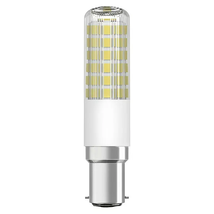 Ledvance LED-Lampe T Slim - B15d, Nicht Dimmbar, Warmweiß, 806 lm, 6,5 W - Nahaufnahme einer energieeffizienten LED-Lampe mit Bajonettsockel, die für ihre Helligkeit und lange Lebensdauer bekannt ist.