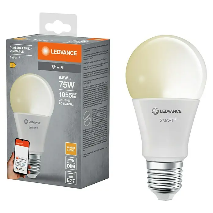 Ledvance Smart+ WiFi Smart-LED-Lampe - E27, Dimmbar, Warmweiß, 1.055 lm, 9,5 W - LEDVANCE SMART+ Classic A75 E27 dimmbare Glühbirne mit warmweißem Licht und WLAN-Funktion, ideal für eine intelligente Beleuchtung im Haus.