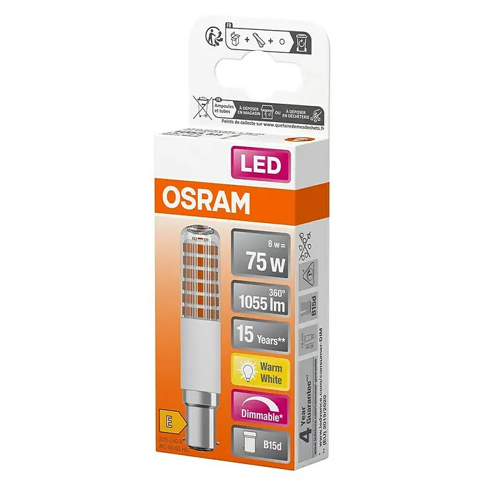 Ledvance LED-Lampe T Slim - B15d, Warmweiß, 1.055 lm, 8 W - Abbildung einer OSRAM LED-Lampe B15d, dimmbar, mit warmweissem Licht und einer Leistung von 8W, die 75W entspricht.