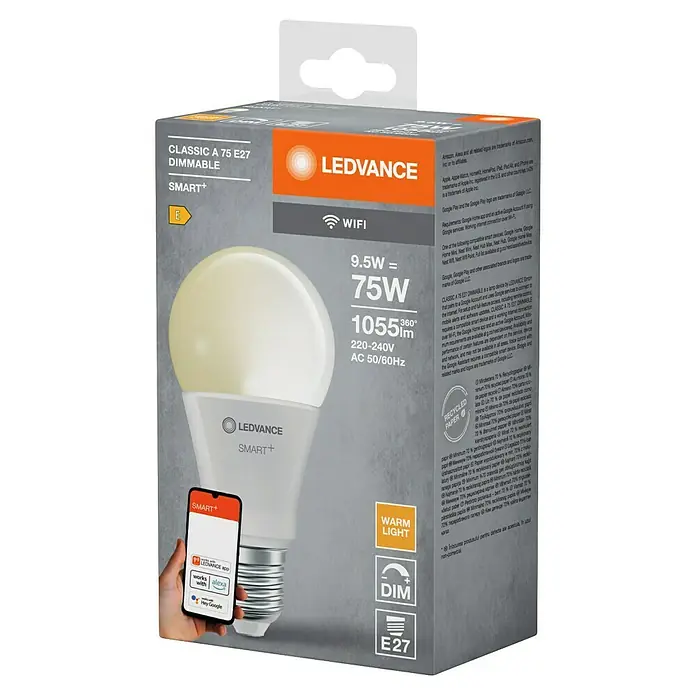 Ledvance Smart+ WiFi Smart-LED-Lampe - E27, Dimmbar, Warmweiß, 1.055 lm, 9,5 W - LEDVANCE SMART+ Classic A 75 E27 Dimmable Lampe. Smarte, dimmbare Glühbirne mit E27-Sockel für ein gemütliches, warmweißes Licht.