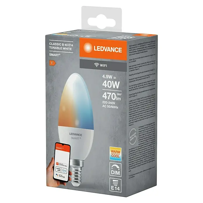 Ledvance Smart+ WiFi Smart-LED-Lampe B40 - E14, Dimmbar, Mehrfarbig, 470 lm, 4,9 W - Produktverpackung einer LEDVANCE SMART+ Classic B 40 E14-Glühbirne mit Farbtemperatursteuerung und E14-Sockel.