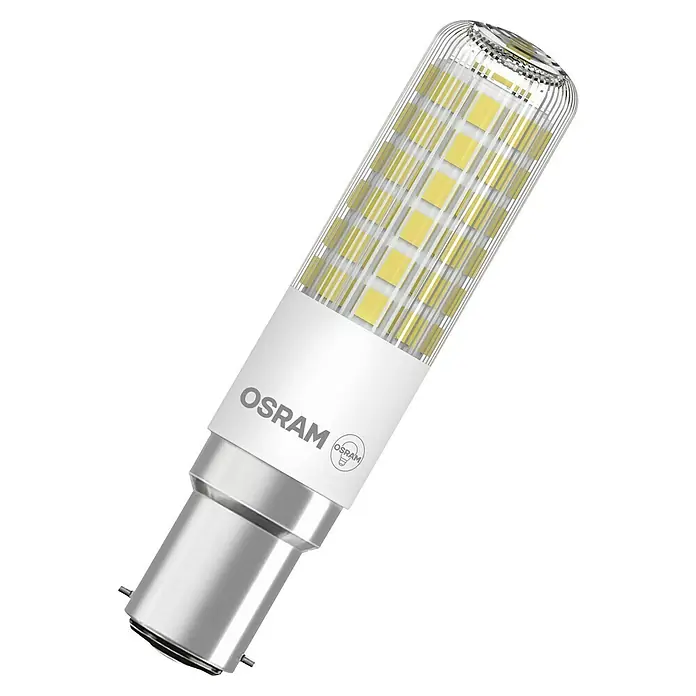 Ledvance LED-Lampe T Slim - B15d, Nicht Dimmbar, Warmweiß, 806 lm, 6,5 W - Detailaufnahme einer OSRAM LED-Lampe, die sich durch Energieeffizienz und ein modernes Design auszeichnet. Ideal für den Einsatz im Innenbereich.
