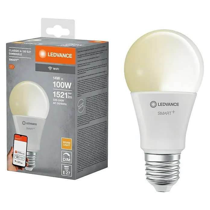 Ledvance Smart+ WiFi Smart-LED-Lampe - E27, Dimmbar, Warmweiß, 1.521 lm, 14 W - Produktabbildung: LEDVANCE SMART+ Classic A 100 E27 Dimmable, eine intelligente Glühbirne für Ihr Zuhause.